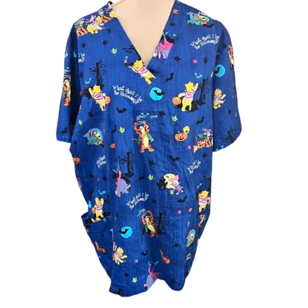 The Wonderful World of Disney Winnie the Pooh Themed Blue Halloween Scrub Top 3X